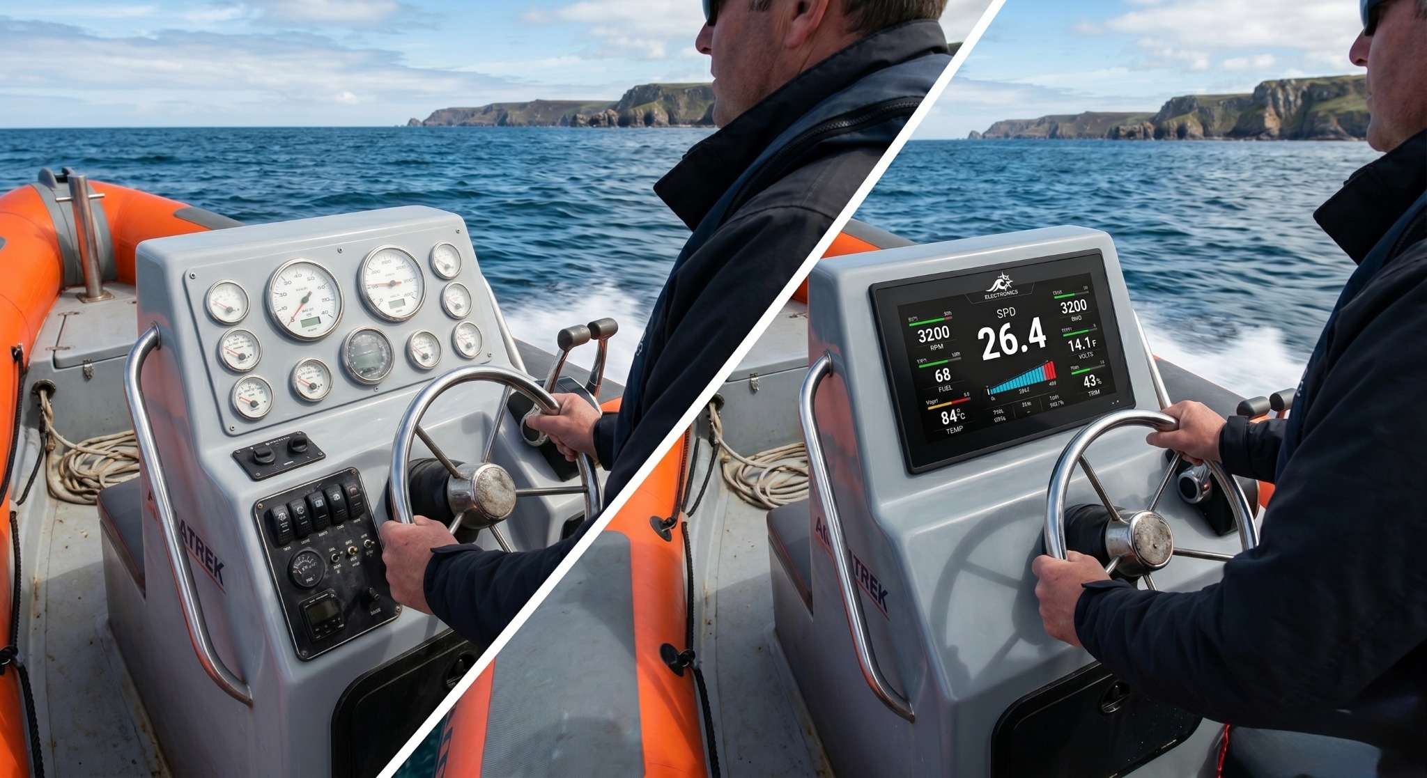 LH Electronics intelligent helm display comparison on a boat